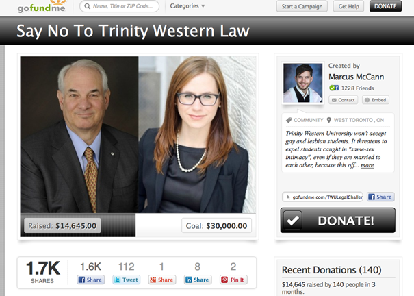 A crowdfuding effort to raise money for disbursments in a Charter challenge to TWU is halfway there.