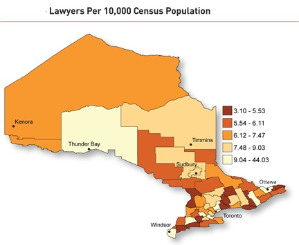 Lawyers per 10,000 census population. credit: Ontario Civil Legal Needs Project
